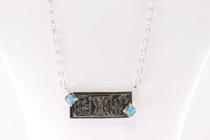 Native America Navajo Sterling Silver Storyteller Turquoise Necklace By Jeremy Delgarito.
