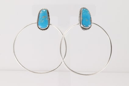 Native America Navajo Sterling Silver Kingman Turquoise Hoop Post Earring's By Elouise Kee.
