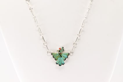 Native America Zuni Sterling Silver Multi-Color Stone Inlay Bird Necklace By Michelle Peina.