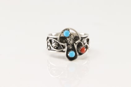 Native America Navajo Sterling Silver Coral & Turquoise Ring By Estella Laate.