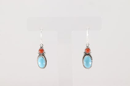 Native America Navajo Sterling Silver Coral & Turquoise Dangling Earring's By Gary Shorty.