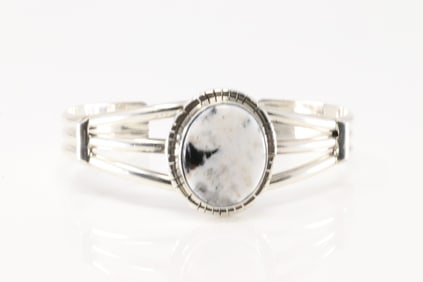 Native America Navajo Sterling Silver White Buffalo Bracelet Cuff By S.E.