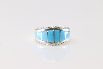 Native America Zuni Sterling Silver Turquoise Inlay Ring By M.P.