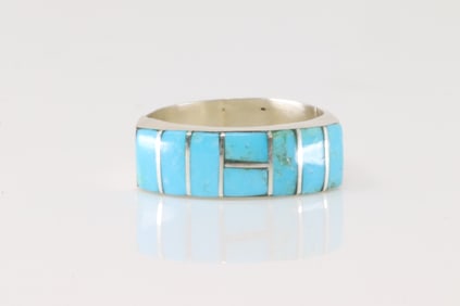 Native America Zuni Sterling Silver Turquoise Inlay Ring By V.K.