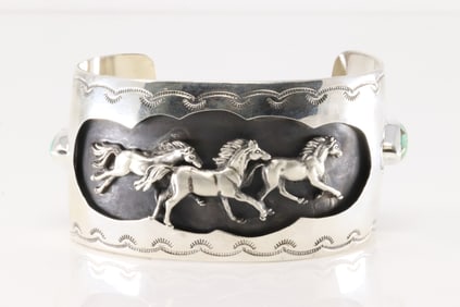 Native America Navajo Sterling Silver Turquoise Horse Bracelet Cuff By Darrell Morgan.