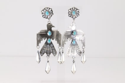 Native American Navajo Sterling Silver Kingman Turquoise Thunderbird Post / Dangling Earring's By