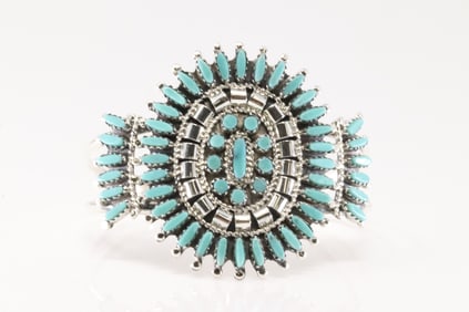 Native American Zuni Sterling Silver Kingman Turquoise Needlepoint Bracelet By Rosemary Tom.