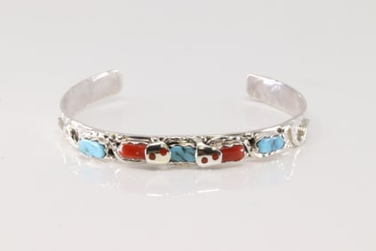 Native America  Zuni Sterling Silver Coral & Turquoise Bracelet Cuff By Joy Calavaza.