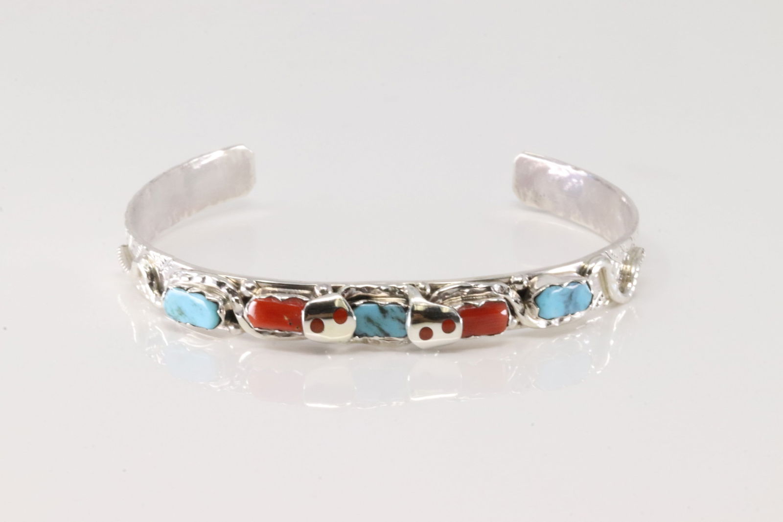 Native America Zuni Sterling Silver Coral & Turquoise Bracelet Cuff By Joy Calavaza.: This is a Native America Zuni Sterling Silver Coral & Turquoise Bracelet Cuff By Joy Calavaza.