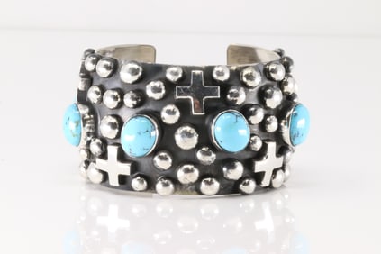 Native America Navajo Sterling Silver Kingman Turquoise Cross Bracelet Cuff By Chimney Butte.