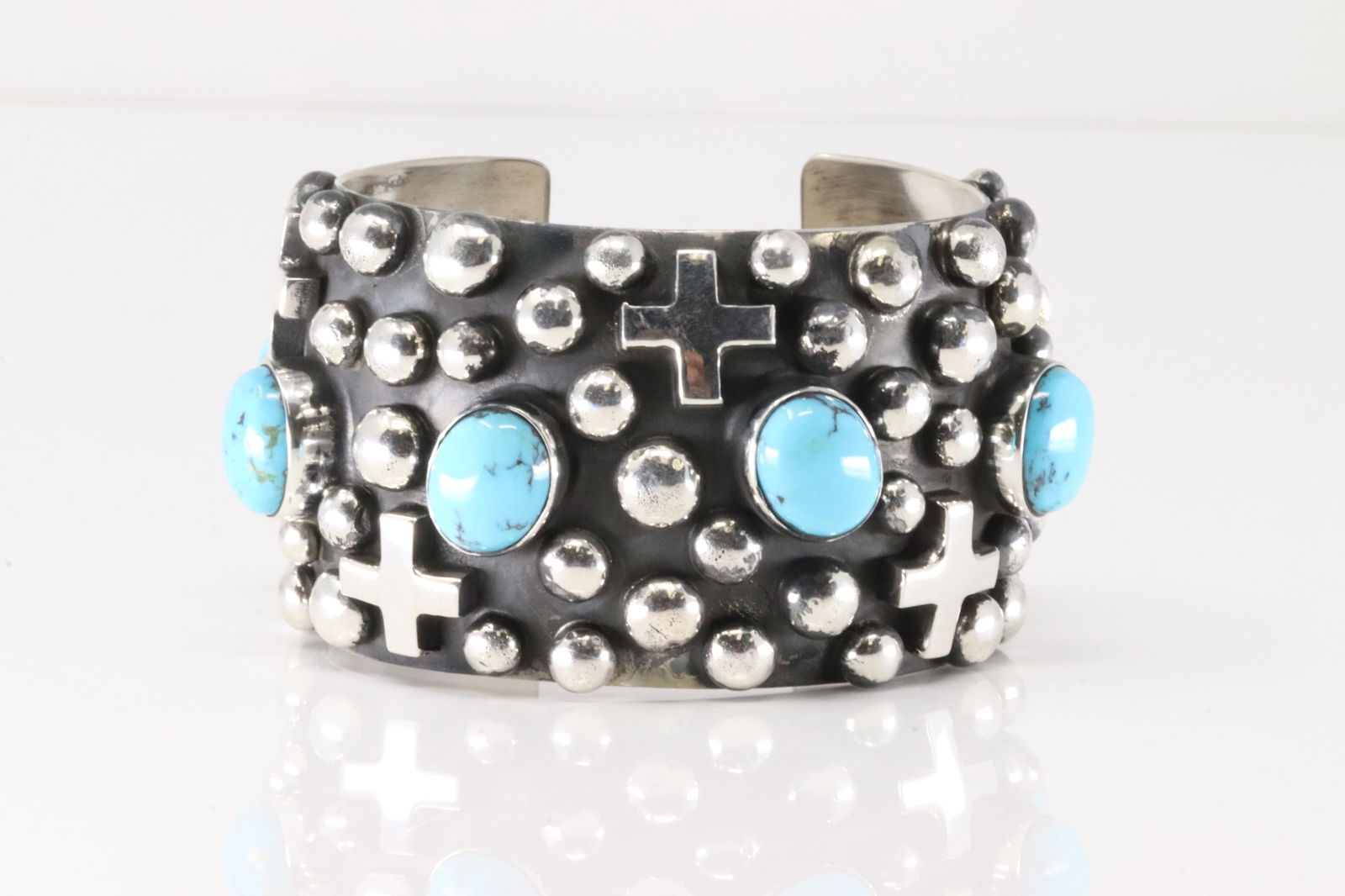 Native America Navajo Sterling Silver Kingman Turquoise Cross Bracelet Cuff By Chimney Butte. (1 of 5)