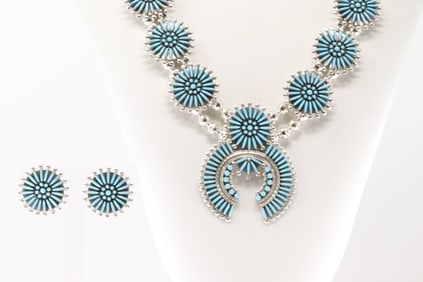 Native America Zuni Sterling Silver Kingman Turquoise Squash Blossom Necklace & Earring's Set By