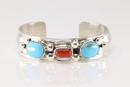 Native America Navajo Sterling Silver Coral & Turquoise Bracelet Cuff By W.M.