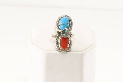 Native America Zuni Sterling Silver Coral & Turquoise Ring By Effie C.