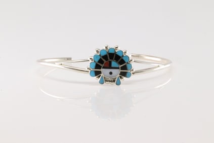 Native America Zuni Sterling Silver Multi-Color Stone Inlay Bracelet Cuff By E.R.
