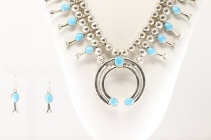 Native America Navajo Sterling Silver Turquoise Squash Blossom Necklace & Earring's Set.