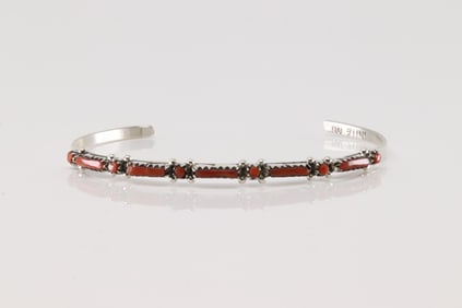 Native America Zuni Sterling Silver Coral Bracelet Cuff By Erik Wayco.