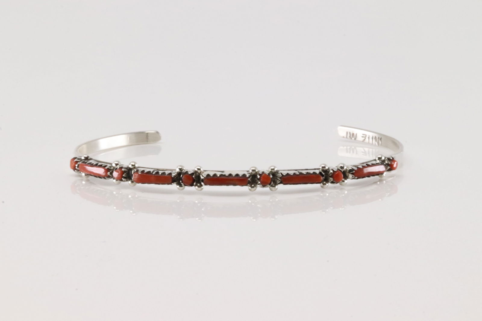 Native America Zuni Sterling Silver Coral Bracelet Cuff By Erik Wayco.: This is a Native America Zuni Sterling Silver Coral Bracelet Cuff By Erik Wayco.