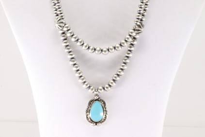 Native America Navajo Sterling Silver Double Strand Pearl Beaded / Turquoise Necklace By R.B.