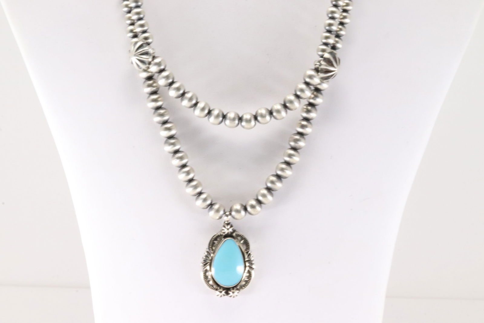 Native America Navajo Sterling Silver Double Strand Pearl Beaded / Turquoise Necklace By R.B. (1 of 4)