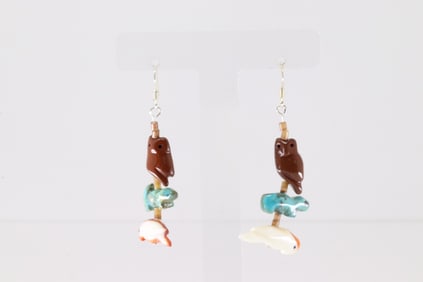Native America Zuni Sterling Silver Multi-Color Fetish Carved Dangling Earring's.
