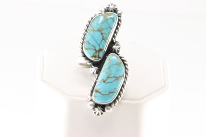Native America Navajo Sterling Silver Kingman Turquoise Ring 2 Stone By B.E.