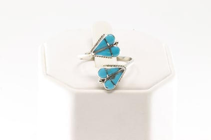 Native America Zuni Sterling Silver Heart Turquoise Inlay Ring By R.V.N.