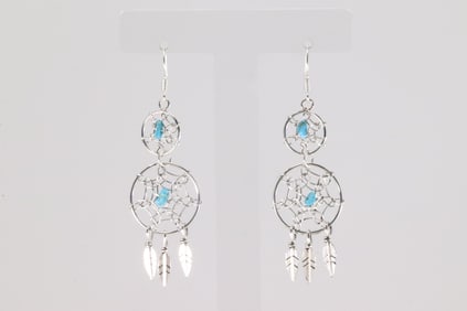 Native America Navajo Sterling Silver Turquoise Catch Dream Dangling Earring's By Lorenzo Arviso Sr.