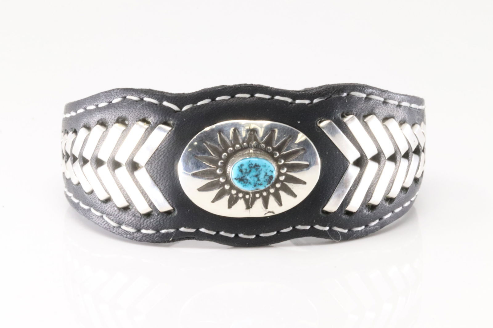 Native America Navajo Sterling Silver Turquoise Leather Bracelet Cuff By F.Armstrong.: This is a Native America Navajo Sterling Silver Turquoise Leather Bracelet Cuff By F.Armstrong.