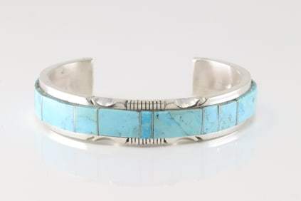 Native America Navajo Sterling Silver Kingman Turquoise Inlay Bracelet By Steve Francisco.