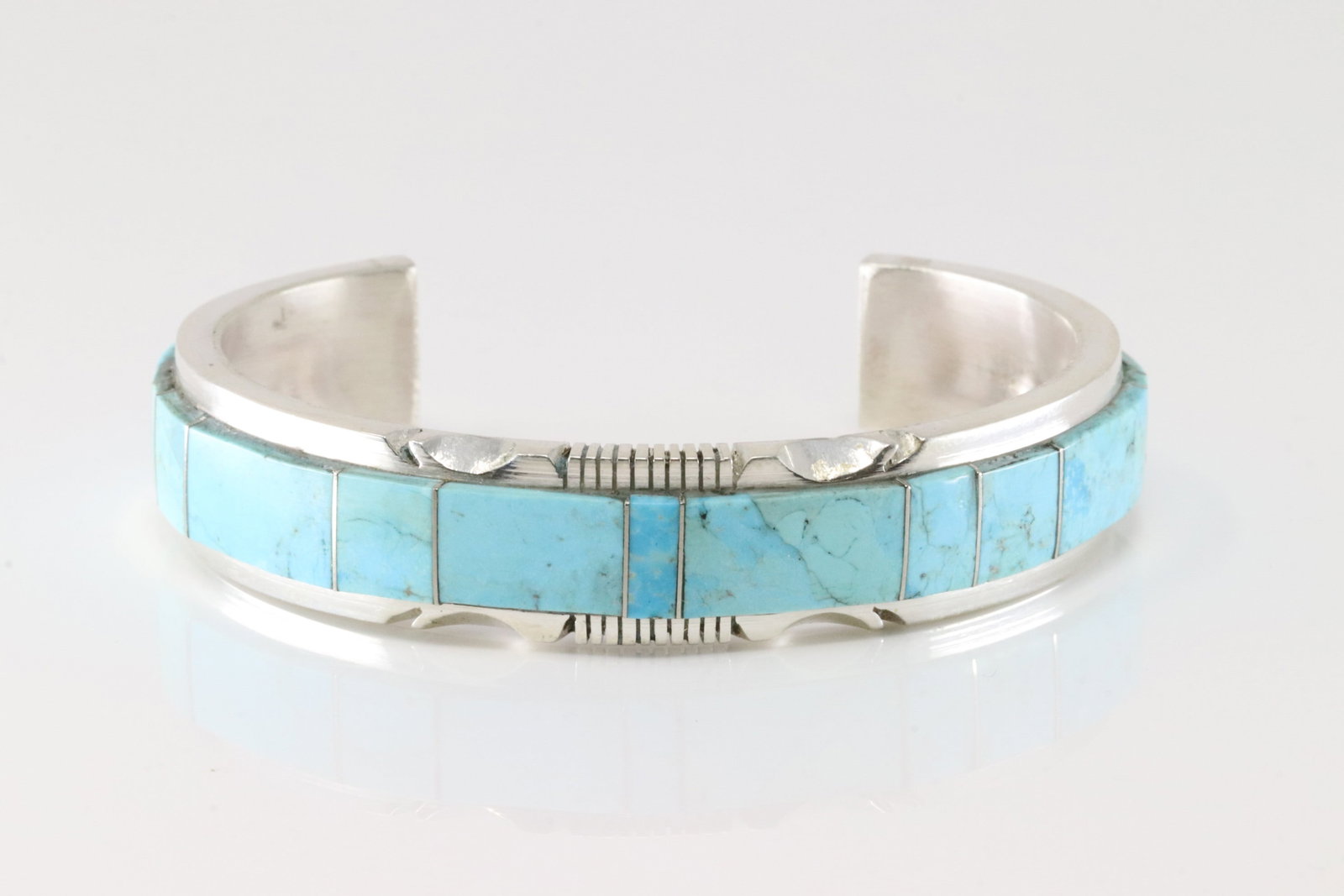 Native America Navajo Sterling Silver Kingman Turquoise Inlay Bracelet By Steve Francisco.: This is a Native America Navajo Sterling Silver Kingman Turquoise Inlay Bracelet By Steve Francisco.
