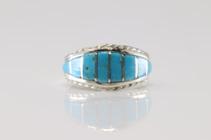 Native America Navajo Sterling Silver Turquoise Inlay Ring By M.P.