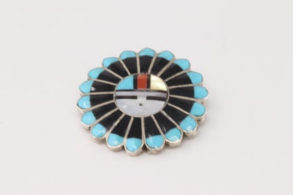 Native America Zuni Sterling Silver Multi-Color Stone Inlay Pin / Pendant By F.L.