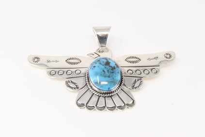 Native America Navajo Sterling Silver Turquoise Bird Pendant By Evelyn Bahe.