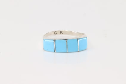Native American Zuni Sterling Silver Turquoise Inlay Ring By G.K.