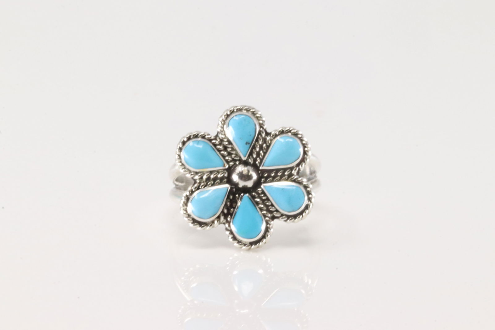 Native America Zuni Sterling Silver Turquoise Ring Flower By C.L. (1 of 4)
