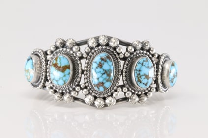 Native America Navajo Sterling Silver Kingman Turquoise Bracelet Cuff By Tom Lewis.