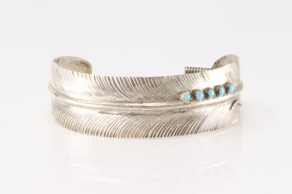 Native America Navajo Sterling Silver Turquoise Feather Bracelet Cuff By V.