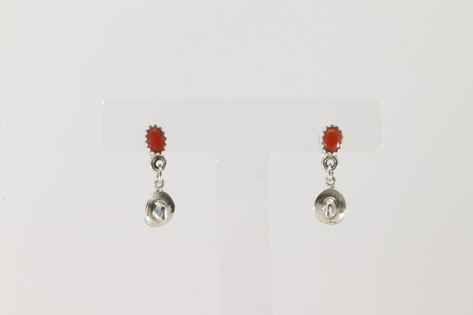 Native America Navajo Sterling Silver Coral Cowboy Hat Post Earring's By Judy Largo.: This is a Native America Navajo Sterling Silver Coral Cowboy Hat Post Earring's By Judy Largo.