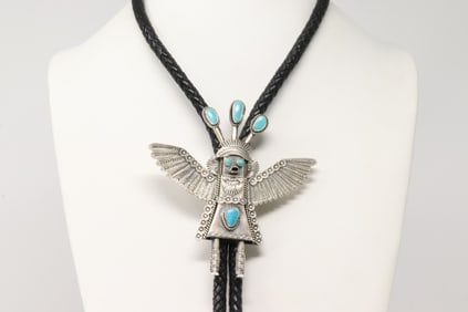 Native America Navajo Sterling Silver Turquoise Kachina Bolo Necklace By Garrate Nael.
