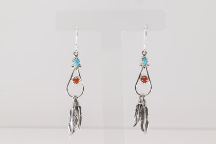 Native America Navajo Sterling Silver Coral & Turquoise Dangling Earring's By Annie Spencer.