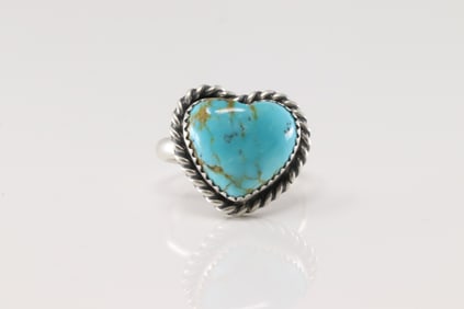 Native America Navajo Sterling Silver Turquoise Heart Ring By Dixon.