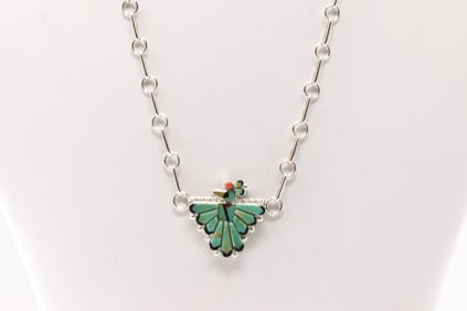 Native America Zuni Sterling Silver Multi-Color Stone Inlay Bird Necklace By Michelle Peina.