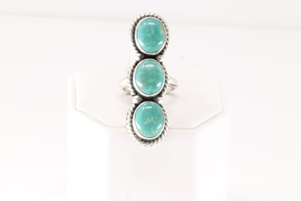 Native America Navajo Sterling Silver Turquoise Ring 3 Stone By A.M.