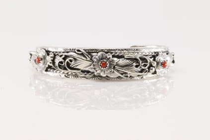 Native America Navajo Sterling Silver Coral Bracelet Floral Cuff By Bessie Joe.