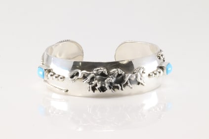 Native America Navajo Sterling Silver Turquoise Horse Bracelet Cuff By Bobby Platero.