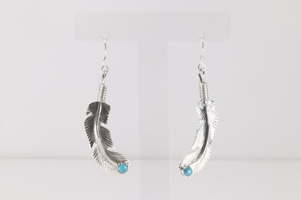 Native America Navajo Sterling Silver Turquoise Feather Dangling Earring's By Louise Joe.