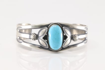 Native America Navajo Sterling Silver Turquoise Bracelet Cuff By Henrry Morgan.