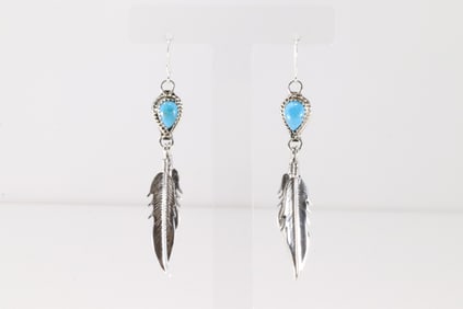 Native America Navajo Sterling Silver Turquoise Dangling Feather Earring's By Sharon McCarthy.