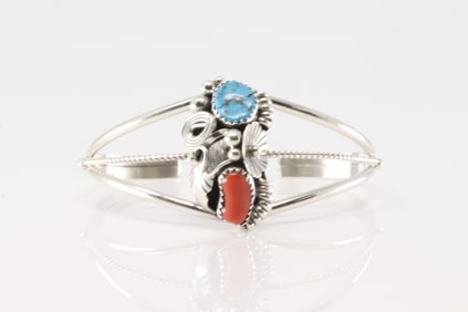 Native America Navajo Sterling Silver Coral & Turquoise Bracelet Cuff By Max Calladitto.